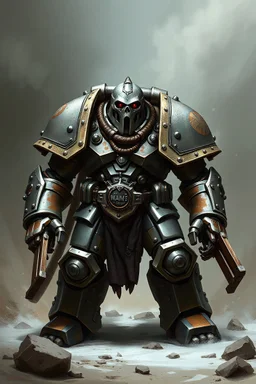 A friendly warforged juggernaut in metal armor