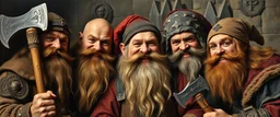 pin hole cam, master oil painting by Rembrandt, family portrait of smiling bad ass warrior clad muscle sturdy buildt deep rock metal dwarves in fine clothes and with pick axes laughing