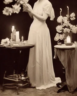 woman in 1930s gown standing near small table with flowers, gauzy white curtains, dreamlike, sepia photography, 8k resolution, high-quality, fine-detail, intricate, detailed matte, volumetric lighting, photo-realistic, candles, translucent gown, illustration, 3D octane render, brian froud, howard lyon, selina french, anna dittmann, annie stokes, lisa parker, greg rutowski,