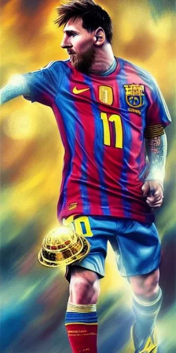 Insanely detailed portrait of messi in argentina jeesey wearing an infinity gauntlet bearing a world cup trophy emblem::perfect proportions::by Artgerm, Greg Olsen, Pixar, WLOP:: hyperrealistic, hyper detailed,photorealistic::a masterpiece,incredible composition,amazing depth, imposing,meticulously composed::Mappa studios::detailed matte painting,deep color,fantastical,intricate detail,splash screen,complementary colors,fantasy concept art, 8k reso trending on Artstation Unreal Engine