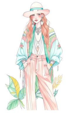 90s fashion illustration, boho pastel colors, white background