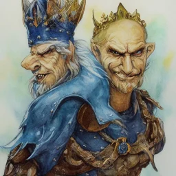 dungeons and dragons, fantasy, goblin, king, portrait, distinct face, ochre skin, watercolour, blue nose