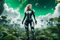 Wide angle photo of a sci-fi woman with blond hair, silver and black futuristic spacesuit looking android-like, standing on an alien jungle planet with cloud trees in multiple green hues