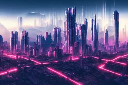 Cyberpunk city, mountains background, hyperdetailed, 4k