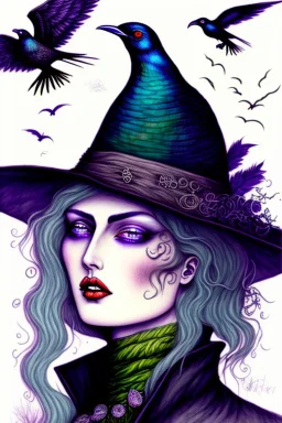 Witch, playing with crows, perfect iris, ink and pencil, pastel colours, style Elizabeth Kreitz