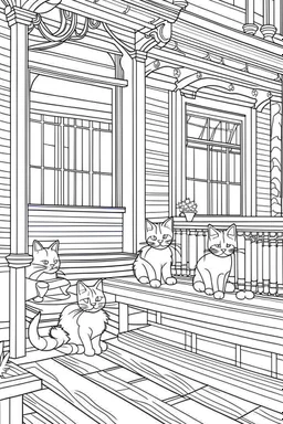 kids coloring page, Cats on the porch, cartoon style, thick lines, low detail, no shading