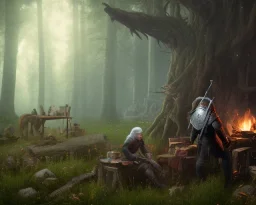 The Witcher, Geralt of Rivia, Jaskier the Bard, forest scene, around a campfire, Jaskier playing his lute, monster lurking in background behind a tree, DSLR, panorama, complementary colours, splash of colour, hyperrealism, 8k resolution concept art, intricately detailed