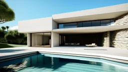 This image showcases a modern architectural style house with a minimalist design. The layout features clean, angular lines and a flat roof. The exterior walls are made of light-colored concrete, and there are three small square windows on the left side. The house has a large open space that leads to a pool with clear blue water in the foreground, where a few people are swimming and enjoying themselves. The pool area is surrounded by a concrete wall on the right. The sky is partly cloudy, adding