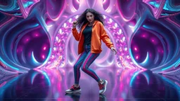 beautiful lady with to days modern clothing and sport shoes curvy long hair, in modern stage made of 3d fractal random size recursive objects with helical strip colors in clothing similar to environment full body dancing to camera,animating background metallic random color size recursive objects