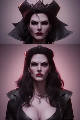 Amy Dumas as evil queen in black leather, leather, busty, cleavage, angry, rage, stern look. character design by cory loftis, fenghua zhong, ryohei hase, ismail inceoglu and ruan jia. unreal engine 5, artistic lighting, highly detailed, photorealistic, fantasy