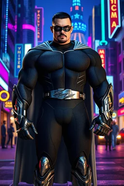 A giant, muscular man with extra-short, crew cut, black hair, blue eyes, short, trimmed goatee, standing stoically on the street in the neon lit, futuristic City of Xanadu prime, wearing a long-sleeved, highly textured, black body suit with gray piping that forms to his muscular frame, he has a silver lightning belt, silver wrist gauntlets, silver, knee-high boots, gray cape, he has the symbol of Xanadu Prime on his chest, and a thin black leather bandit eye mask