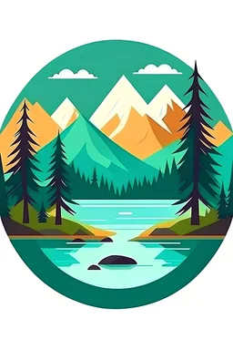 round logo with mountains, forest and lake. vector