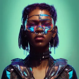 portrait of a cool cyberpunk beautiful black girl by sandra chevrier and, greg rutkowski and wlop, purple blue color scheme, high key lighting, volumetric light, digital art, highly detailed, fine detail, intricate, ornate, complex, octane render, unreal engine, photorealistic