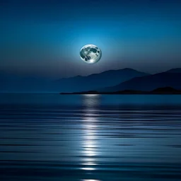 Luna llena sobre el mar, montañas de fondo, ambiente tranquilo