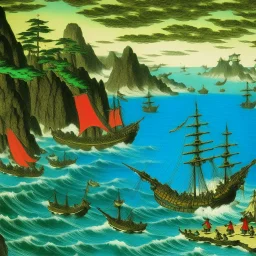 A cerulean bay with pirate ships painted by Utagawa Hiroshige