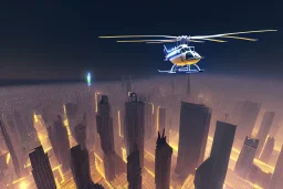 police helicopter flying over city looking for suspect, night time , unity, scriptable render pipeline , cinematic lighting.