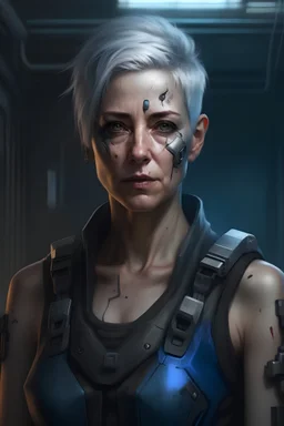 painting portrait of a cyberpunk army medic wearing a grey sleeveless vest. She is middle-aged and has short grey hair slicked back from her face, and is wearing transparent blue eye protection. Her arms are made of black robot parts