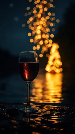 a glass, on river water surface dark background with stars a bottle of wine and a sparkling lights dots