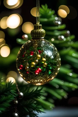 a small, detailed, glass bobble shape ornament hanging on a Christmas tree branch, full Christmas's background decorated