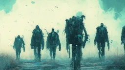 Army of the dead marching, post apocalyptic Harsh clothing, ((holographic grunge cyborg robot army)), RAW, gritty, high exposure, high contrast, analog indie horror, (science fiction painting, Simon stålenhag, Denis Sarazhin, Alex Colville, Romain Trystram, Christopher Shy, Alejandro Burdisio, Tye Martinez, ominous sky), metaphysical art, obscured, RAW, GRITTY, dread, retrospective art, dusk, low light, techno gothic, narrative art