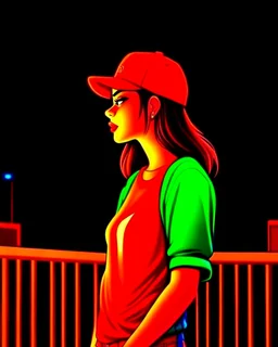 woman with a red baseball hat. leaning on a wooden balcony. night time. fantasy. anime.