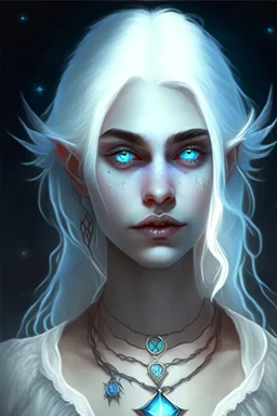 hauntingly beautiful character for dnd, young woman with white hair and blue eyes, angel, with moon necklace, fangs visible