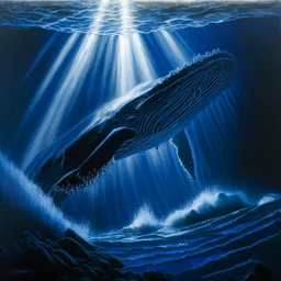 A dramatic, chiaroscuro-style acrylic painting of a powerful humpback hunting its prey in the depths of the ocean, with stark contrasts between light and shadow to emphasize the intensity and raw beauty of the scene