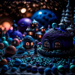 Detailed cozy landscape made of modeling clay, naïve, Tim Burton, stars and planets, Harry Potter, strong texture, extreme detail, decal, rich moody colors, sparkles, clean, bokeh, odd