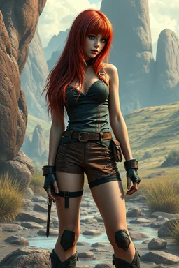 Photorealistic full-height photo of a fantasy skinny pin-up girl in steampunk shorts with long, red hair, with bangs in a fantasy landscape