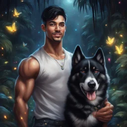 Hyper Realistic handsome muscular short black hair young king smiling & standing with his black husky in a dark mystical jungle at night with fireflies & colorful crystals