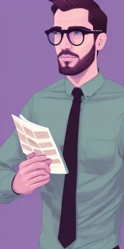 Fit man in round glasses with bookshelf in background, stubble,no beard, reading book, slim, tie, monotone, green eyes, comic book style, two tone colours, detailed, ink, realistic, handsome, square jaw, big brows, no jacket, bird on the shoulder, spotlight