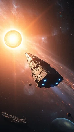 critical point abstract in the galaxy a big spaceship , the sun in a distance in the background