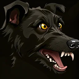 illustration of an angry furry black terrier on black background, yellow eyes