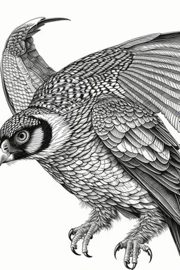 "Create an AI line art piece featuring the Peregrine Falcon, half body short, one of nature's fastest and most agile predators. Capture the bird in flight, showcasing its incredible speed and grace. Highlight the intricate details of its feathers and the intensity in its eyes, embodying the essence of this magnificent raptor."