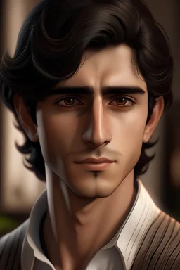 The young man features prominent Arab characteristics, with a moderately toned skin complexion. His captivating brown eyes reflect vitality and intelligence. He possesses stylish, dark hair that elegantly falls on his shoulders. The rounded face highlights the beauty of his features. The close-up image accentuates his natural charm, showcasing intricate details of the shoulders and face."