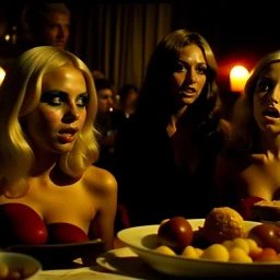 Horror movie shot, hot, ultra realistic, dine, horns, ultra chaos, realistic hot blonde women, party, pieces of meat, organs, hot dynamic, very excited people, hypermaximalist figures, light, 1970's Italian horror movie, sinister,, Dario Argento, Stanley Kubrik, ornate, 4k, photorealism