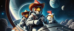 movie poster, soap opera, cowboy astronauts in a spaceship , space alien Abominable Yeti Chicken