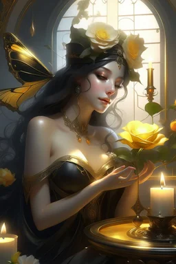 digital painting, unreal engine, blender art by artgerm, Greg Rutkowski and Alphonse mucha, a BLACK rose lies on the table, a golden butterfly on a candle, sadi sees a mirror with a spider web, white radiance, symmetry, super detail, hyper realistic, festive dream