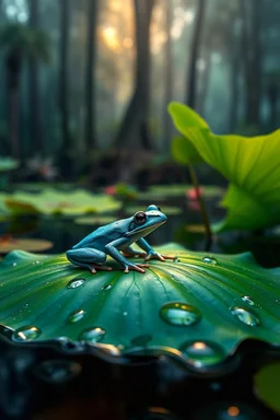 Very realistic detailed photo. sitting on a lotus leaf a tree blue frog floating on water with raindrops, surrounded by bright colours and fantasy style reflections. The background is an enchanted forest at night. Detailed professional photography with intricate details and soft lighting. sharp focus, intricate details, high detail, 60mm film texture, Hasselblad shooting style, magazine quality