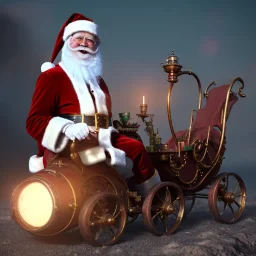 santa sitting in a steampunk sleigh, 4k, highly detailed, cinematic, ultra photorealistic, ultra realistic, volumetric lighting