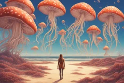 woman in a form-fitting outfit, standing on a beach of an alien world, watching mushrooms with jellyfish tentacles in the sky, photorealistic, Deep Colour, Fantastical, Intricate Detail, sunshine