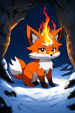 nyx as a fox living under the snow in a dark cave lit with fire, anime, airbrush with pen outline