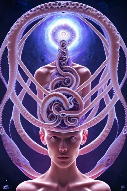 Spiritual being with Tentacles over human Head creating reality around, wrapping Spiral around Human, Psychedelic