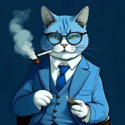 a cat wearing a blue suit and glasses while smoking a cigarr in an anime style