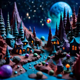 Detailed creepy landscape made of modeling clay, village, stars and planets, volumetric light, Roger Dean, naïve, Tim Burton, strong texture, Ernst Haekel, extreme detail, Max Ernst, decal, rich moody colors, sparkles, Yves Tanguy, bokeh, odd