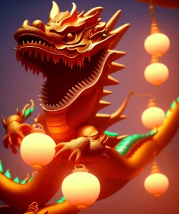 cute baby chinese dragon surrounded by lanterns, colorful detailed photo realistic 3d pixar render 4k, trending on artstation