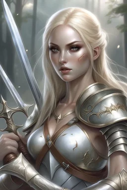 pretty woman, warrior, elf, blonde hair, fantasy, Skyrim, conventionally attractive, fighter, sword, elder scrolls, young, maternal,