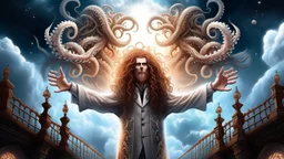 a cross with octopus arms up towards heaven, hair standing straight up, fluffy clouds, intense eyes,looking upwards, white pupils, close facial portrait of the streetwise magician posing in elaborate cape, angels and demons, fireflies , staircase with closed gates of heaven, 4 k, down light, depth of field, trending on art station, high detail, cracked ground