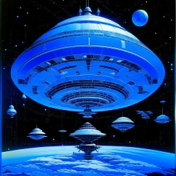 An indigo outer space with UFOs painted by Frank Lloyd Wright