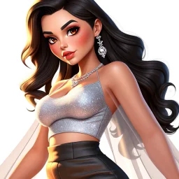 A stylized 3D render of Madison Beer portrayed as a glamorous modern pop icon with a soft yet confident aura. She has radiant, porcelain skin, long voluminous dark brown hair cascading in gentle waves, and captivating hazel eyes framed by bold lashes and shimmering makeup. Her outfit is a chic, form-fitting ensemble—a glittering silver crop top paired with high-waisted satin pants and a long translucent cape that flows behind her, catching the light. Delicate jewelry—crystal earrings, layered ne